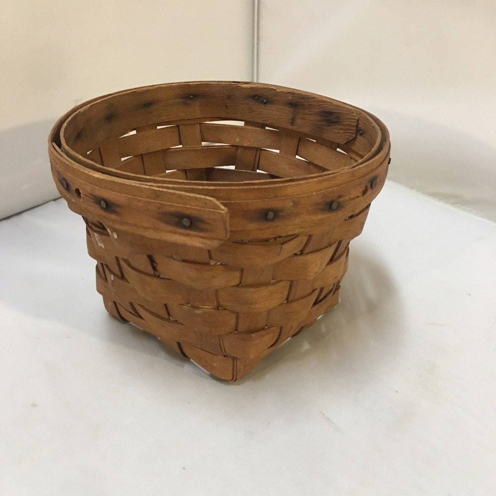 Woven Wood Splint Basket Home Decor Small Brown Round Rim Vintage Longaberger